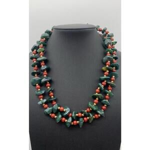 VIntage Dauplaise Gold Tone Green & Red Stone & Acrylic‎ Beaded Chip Necklace
